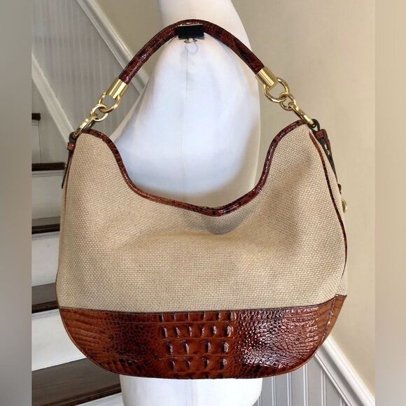 BRAHMIN Canvas and Warm Brown Crocodile Leather Shoulder Bag with Medallion - Picture 3 of 17